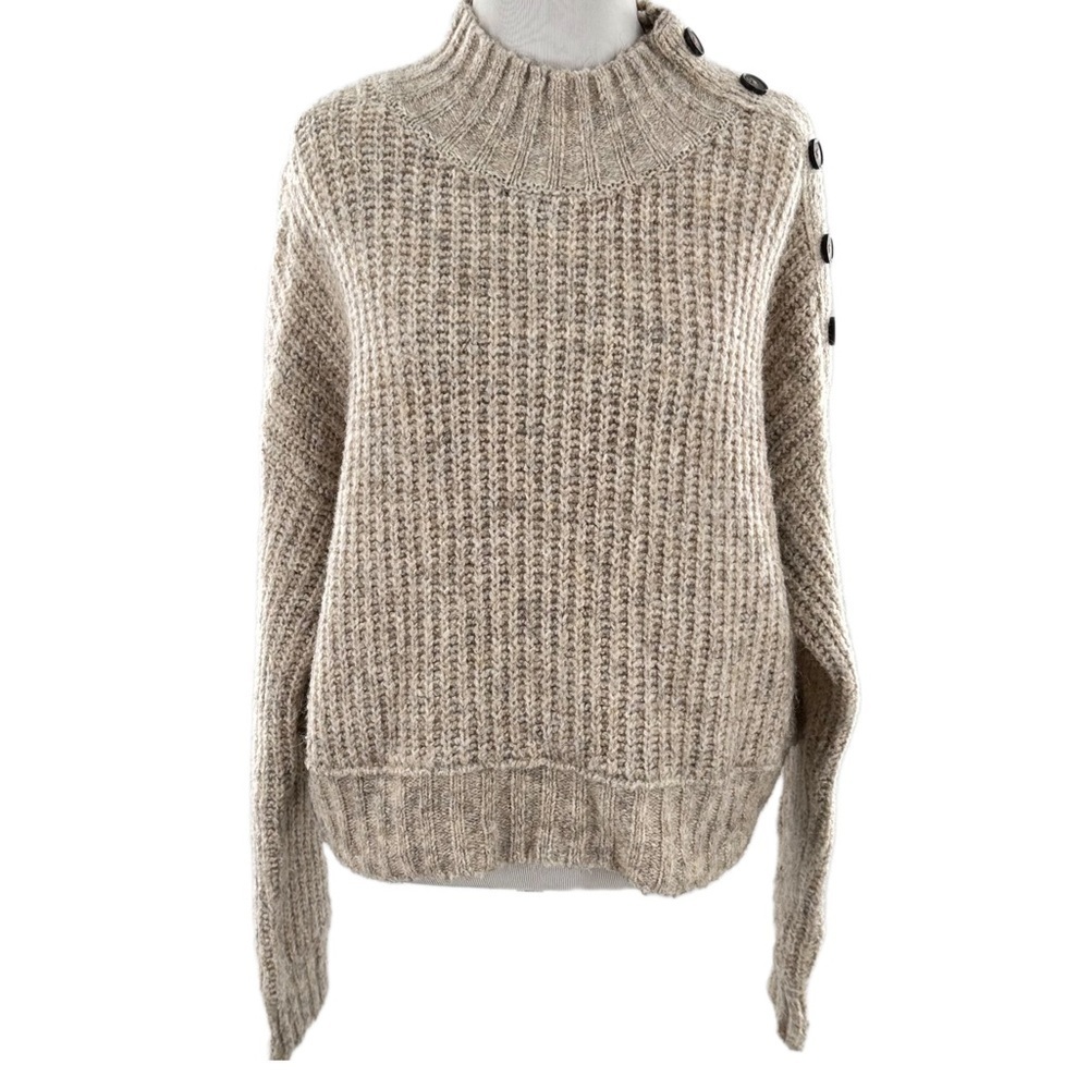 Jessica Simpson sweater L beige mock turtleneck faux buttons old money academia